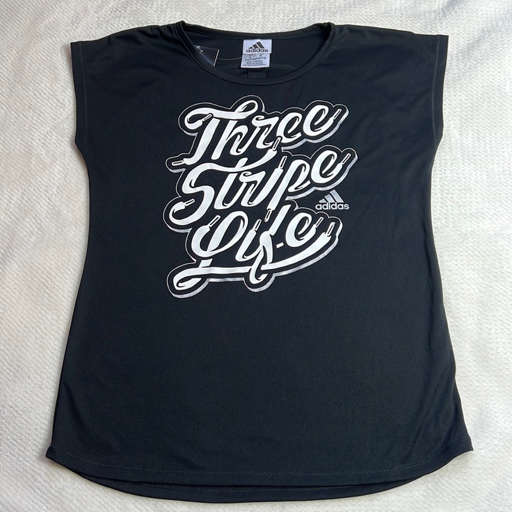 Adidas Three Stripe Life Girls Athletic Tee Shirt High Low Hem Fun Back NWT